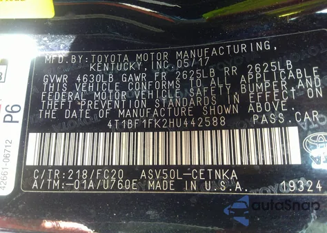 2017 Toyota Camry Le/Se/Xle/Xse из США, поврежденный, VIN 4T1BF1FK2HU442588